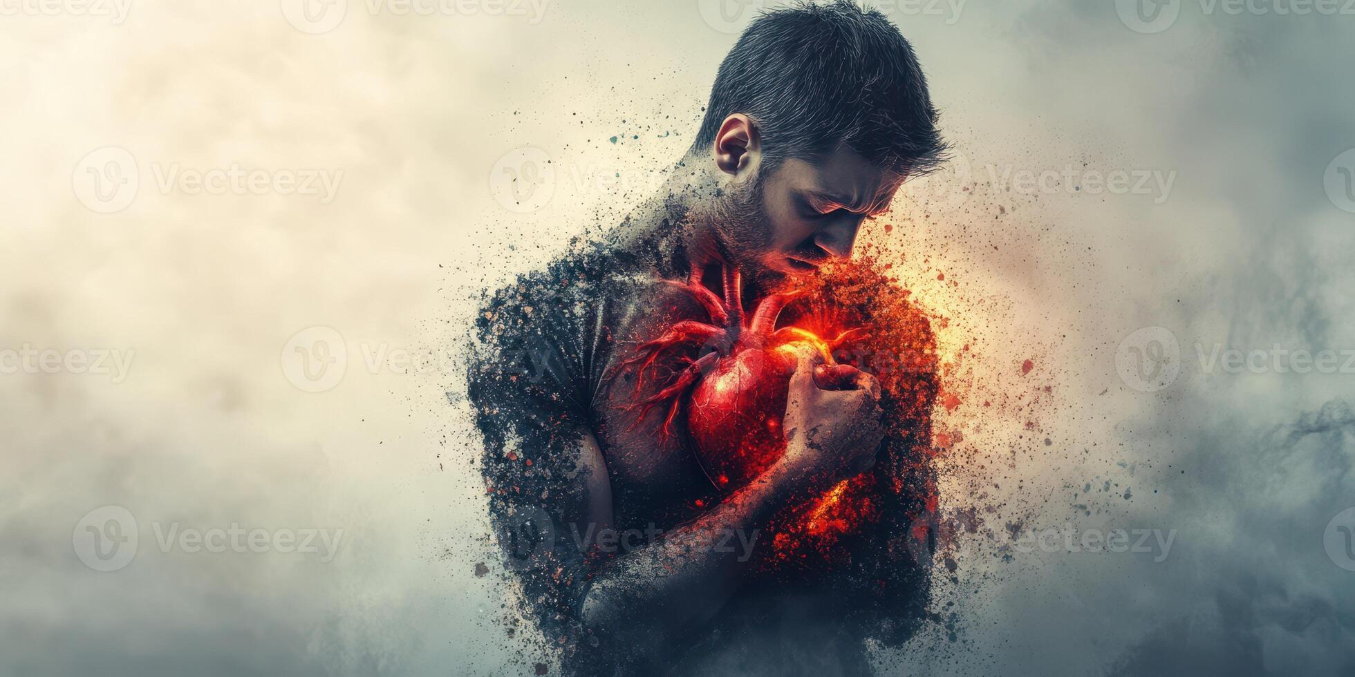 Emotional portrait of a man holding a glowing heart in a surreal, misty atmosphere photo