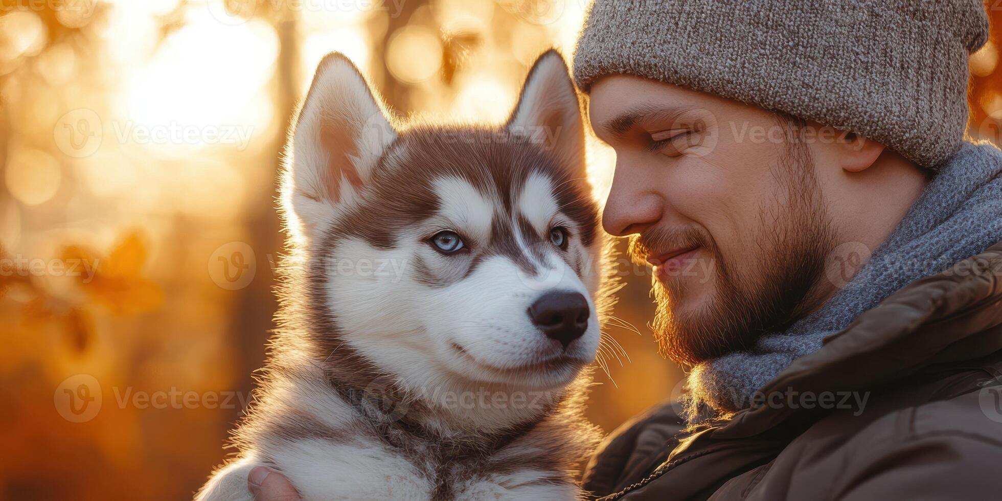 Man holds a husky puppy outdoors during sunset surrounded by autumn foliage photo