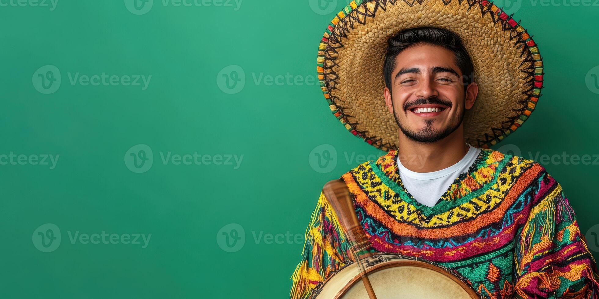 Happy man in colorful traditional clothing plays drum against a green background photo