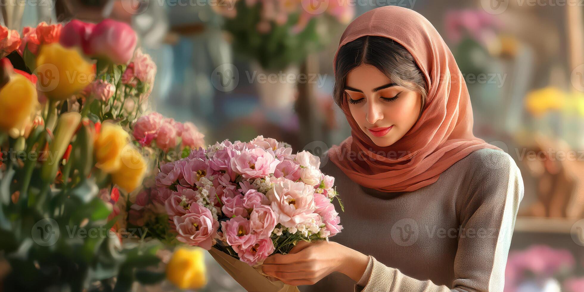 Woman admires a bouquet of pink flowers while wearing a hijab in a vibrant flower shop photo