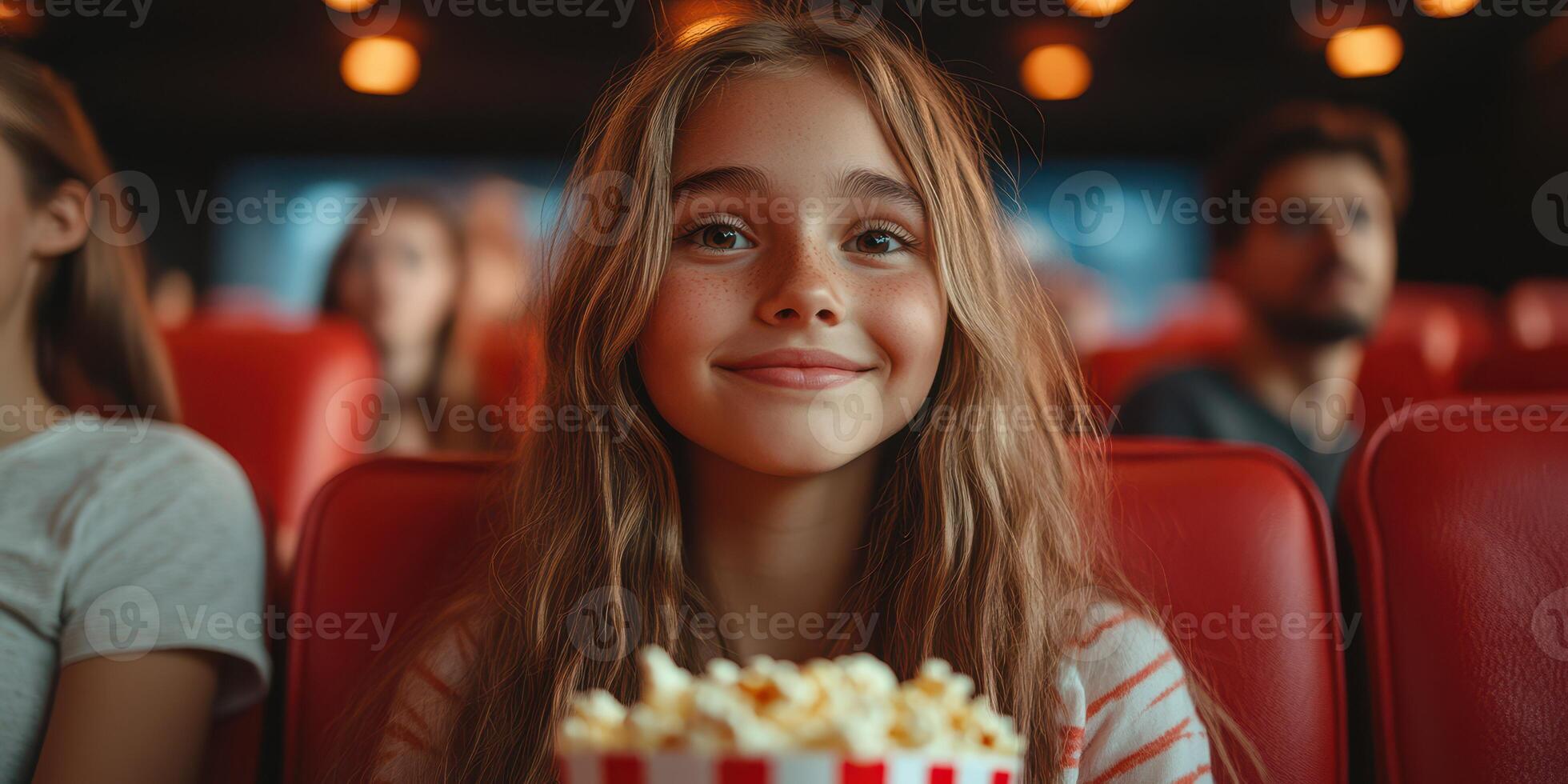 Young girl enjoying popcorn while watching a movie in a cinema with bright lights and comfortable seating photo