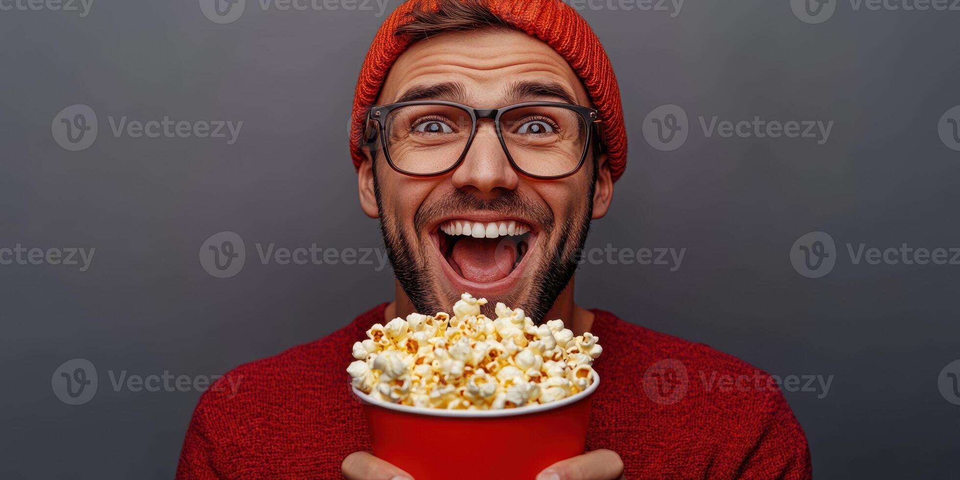 Man enjoying popcorn with excitement in a cozy indoor setting during leisure time photo