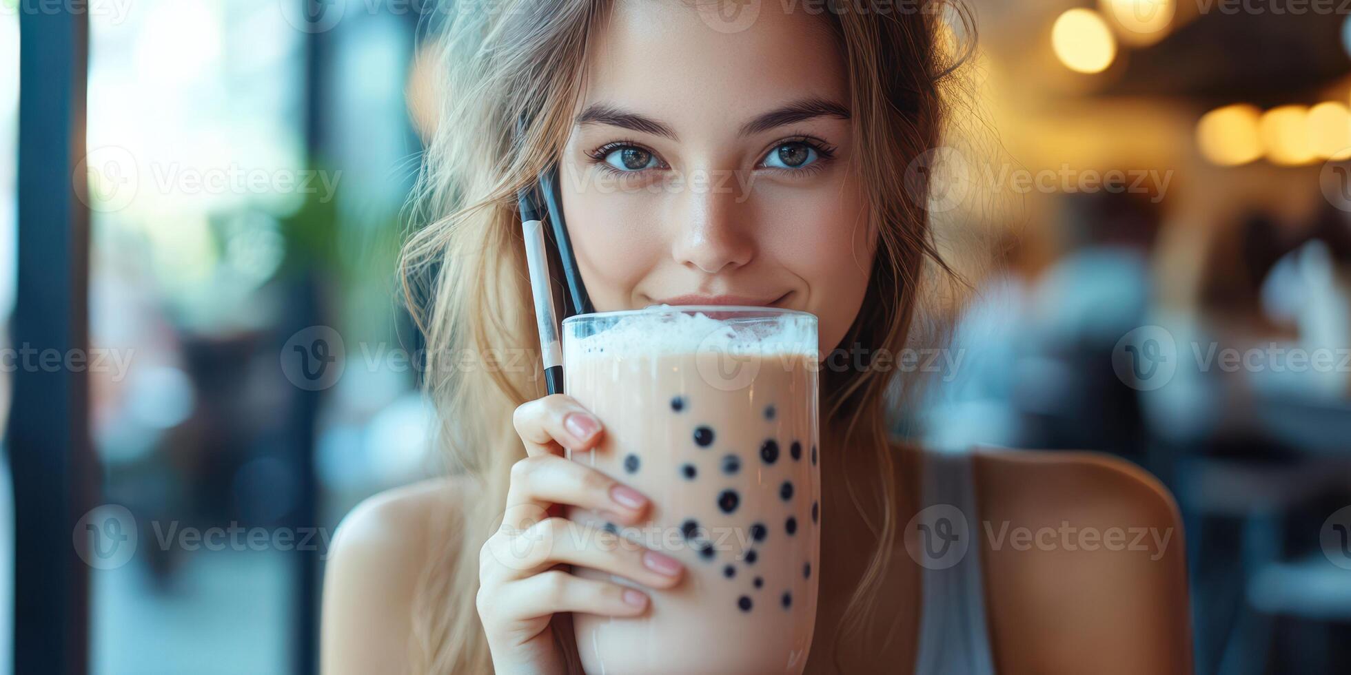 Young woman enjoys a refreshing bubble tea at a trendy cafe during a sunny afternoon photo