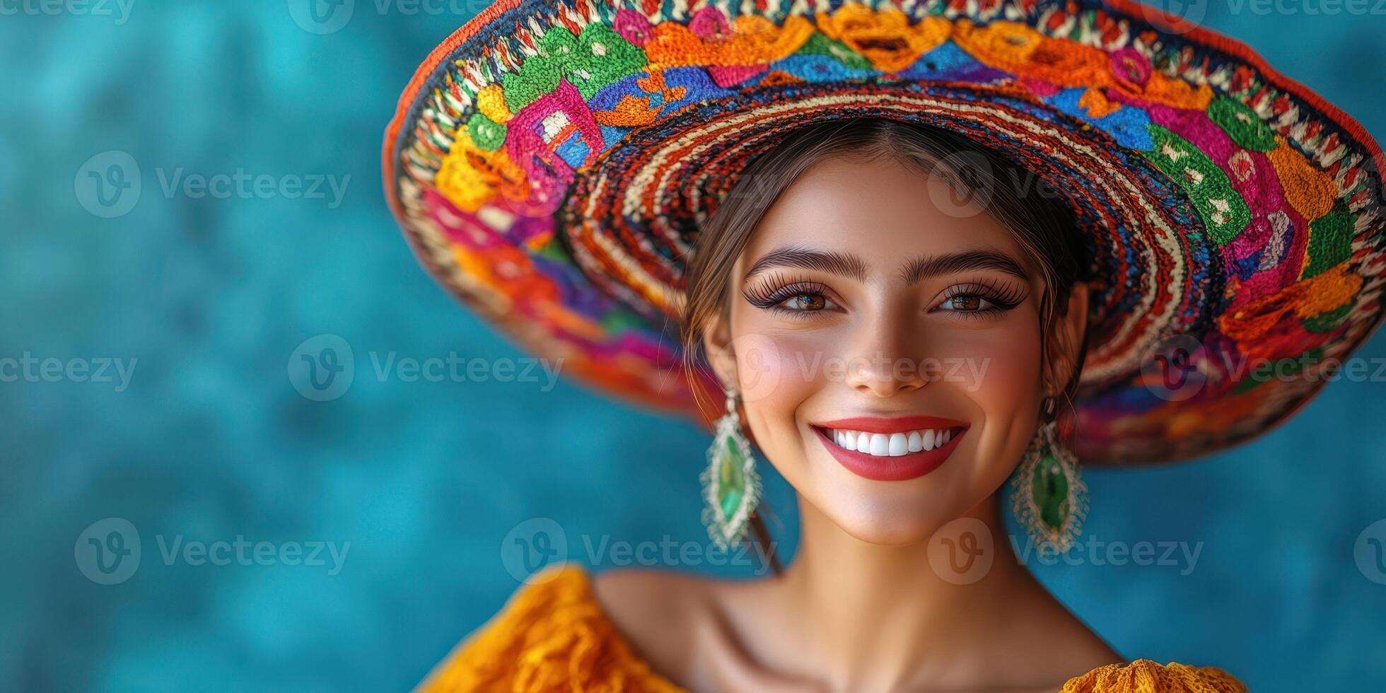 Vibrant celebration of Mexican culture with a woman wearing a colorful sombrero in a bright setting photo