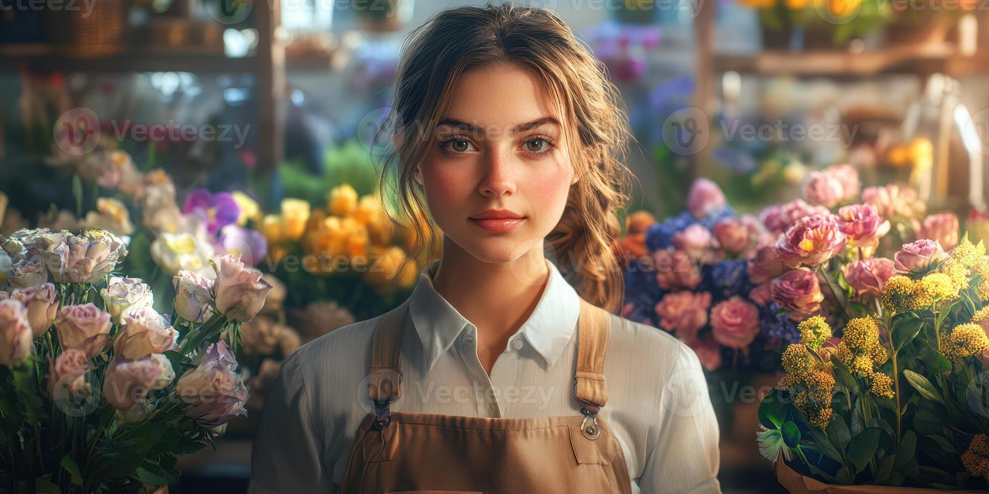 Young woman surrounded by colorful flowers in a vibrant flower shop during daylight hours photo