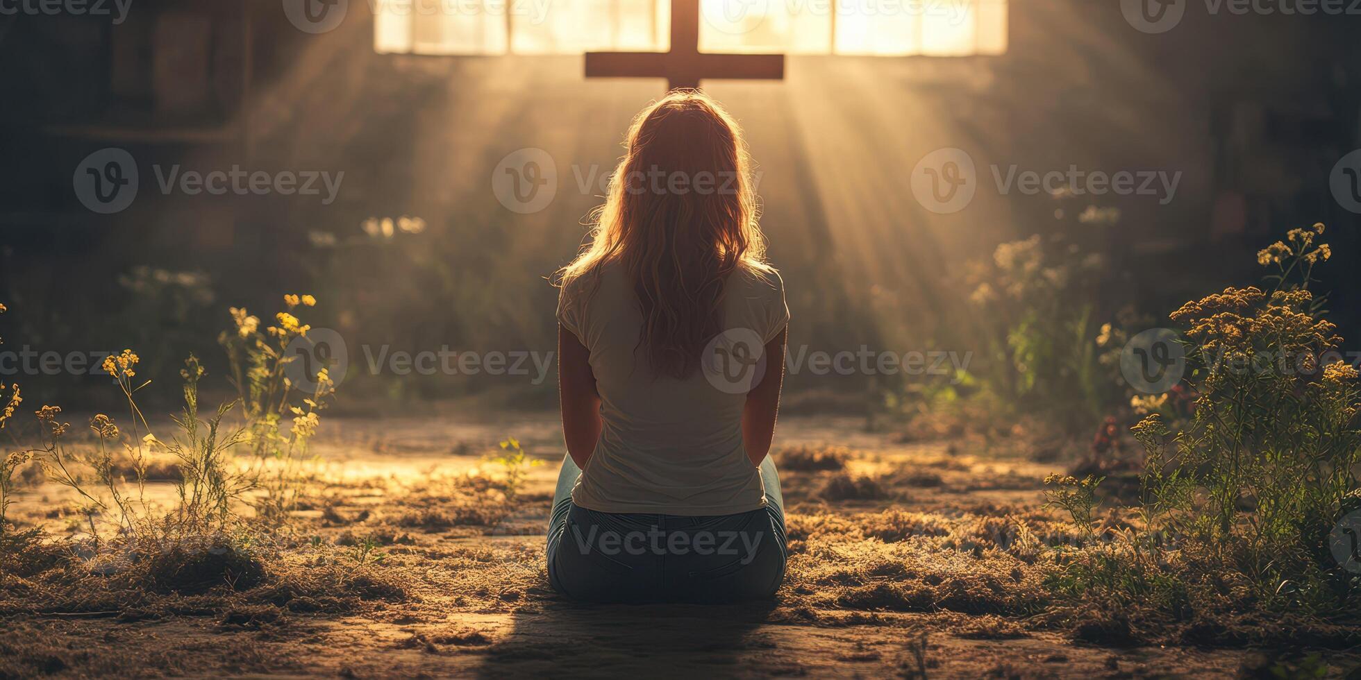 Woman meditates in a sunlit space with a cross, surrounded by flowers and a tranquil atmosphere photo
