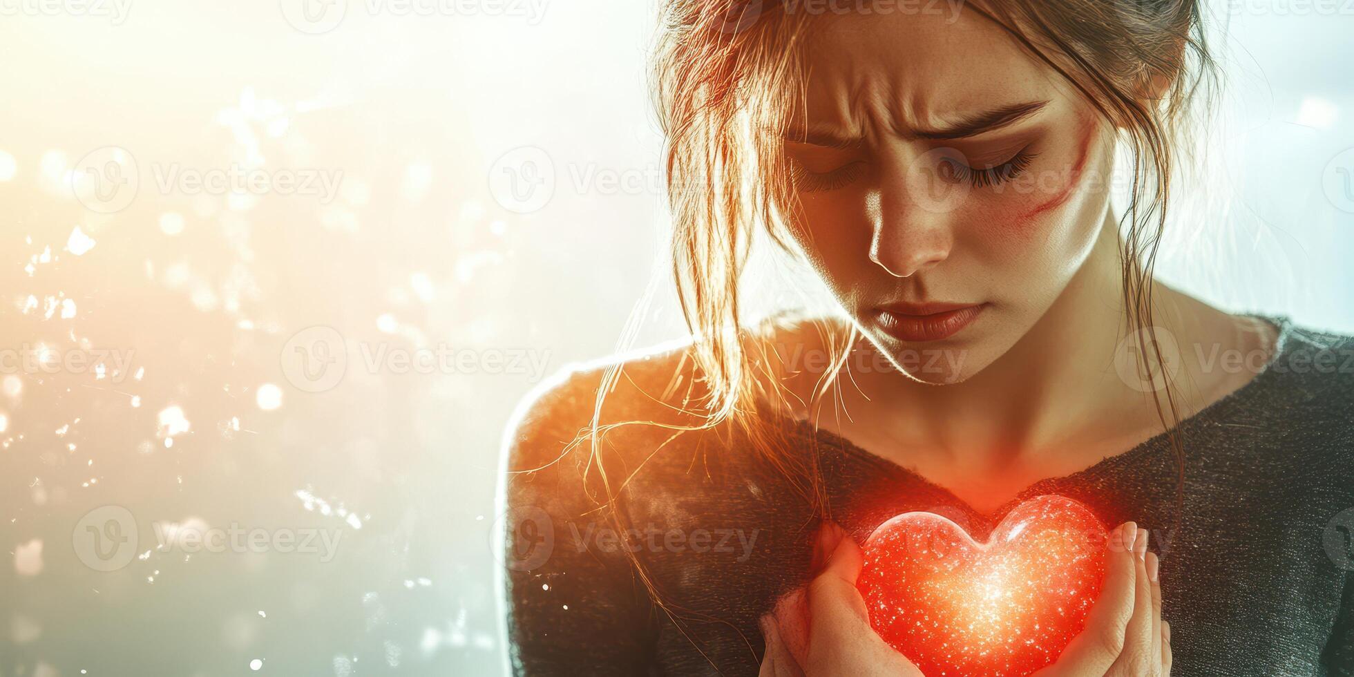 Emotional woman holds glowing heart, expressing deep feelings during a reflective moment in a soft-lit environment photo