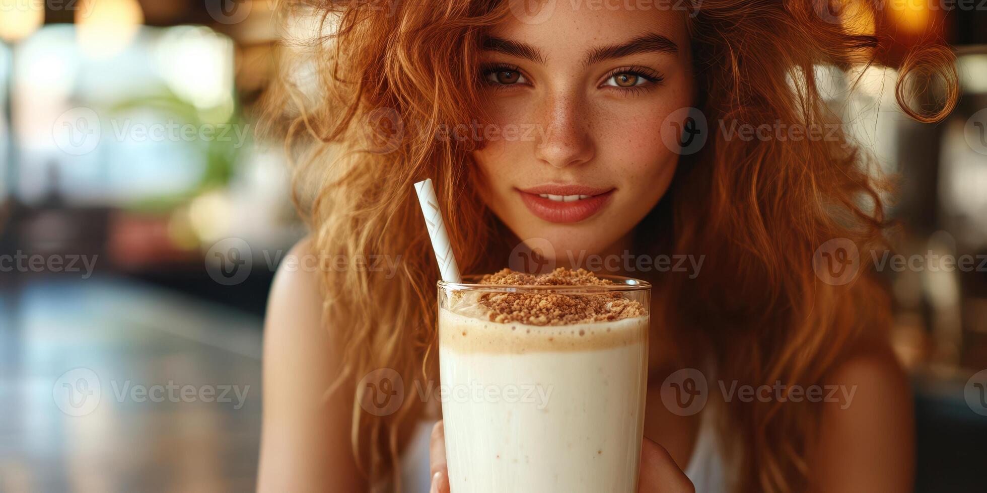 Young woman enjoys a creamy beverage in a cozy, well-lit cafe during a sunny afternoon photo