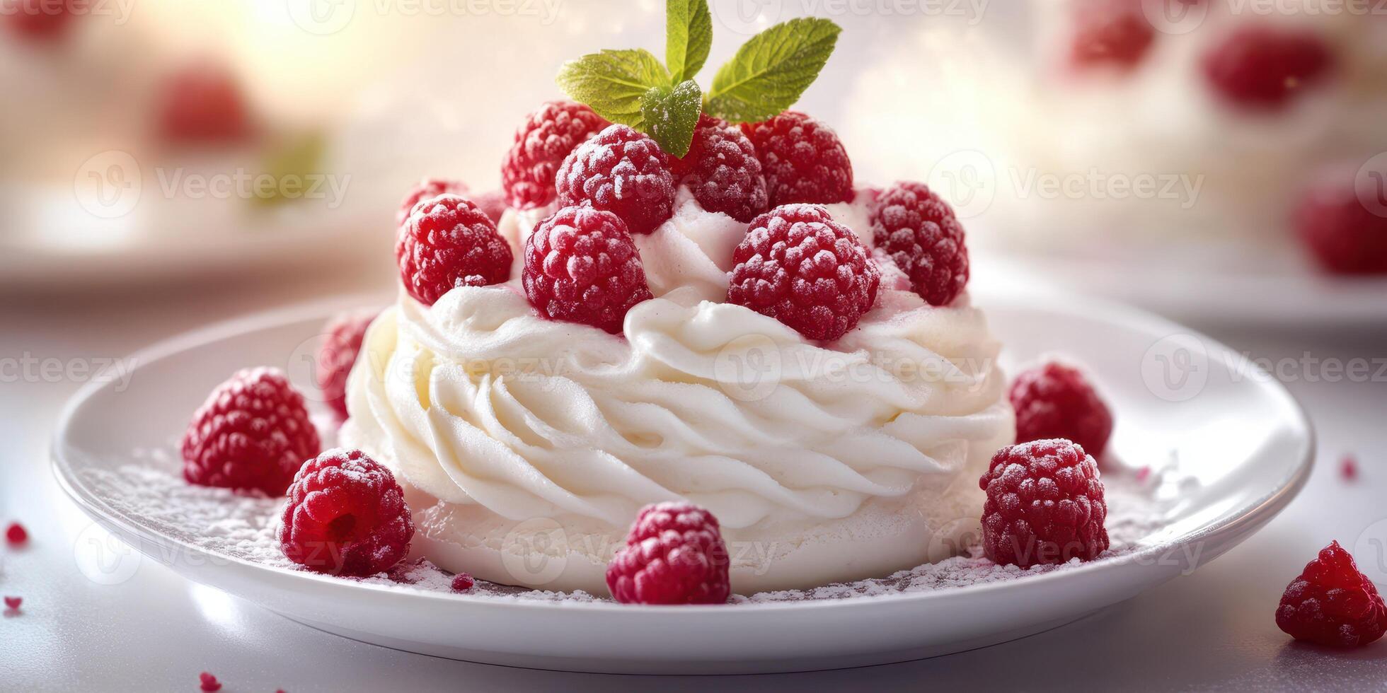 Delicious raspberry pavlova topped with fresh raspberries and mint leaves on a white plate photo