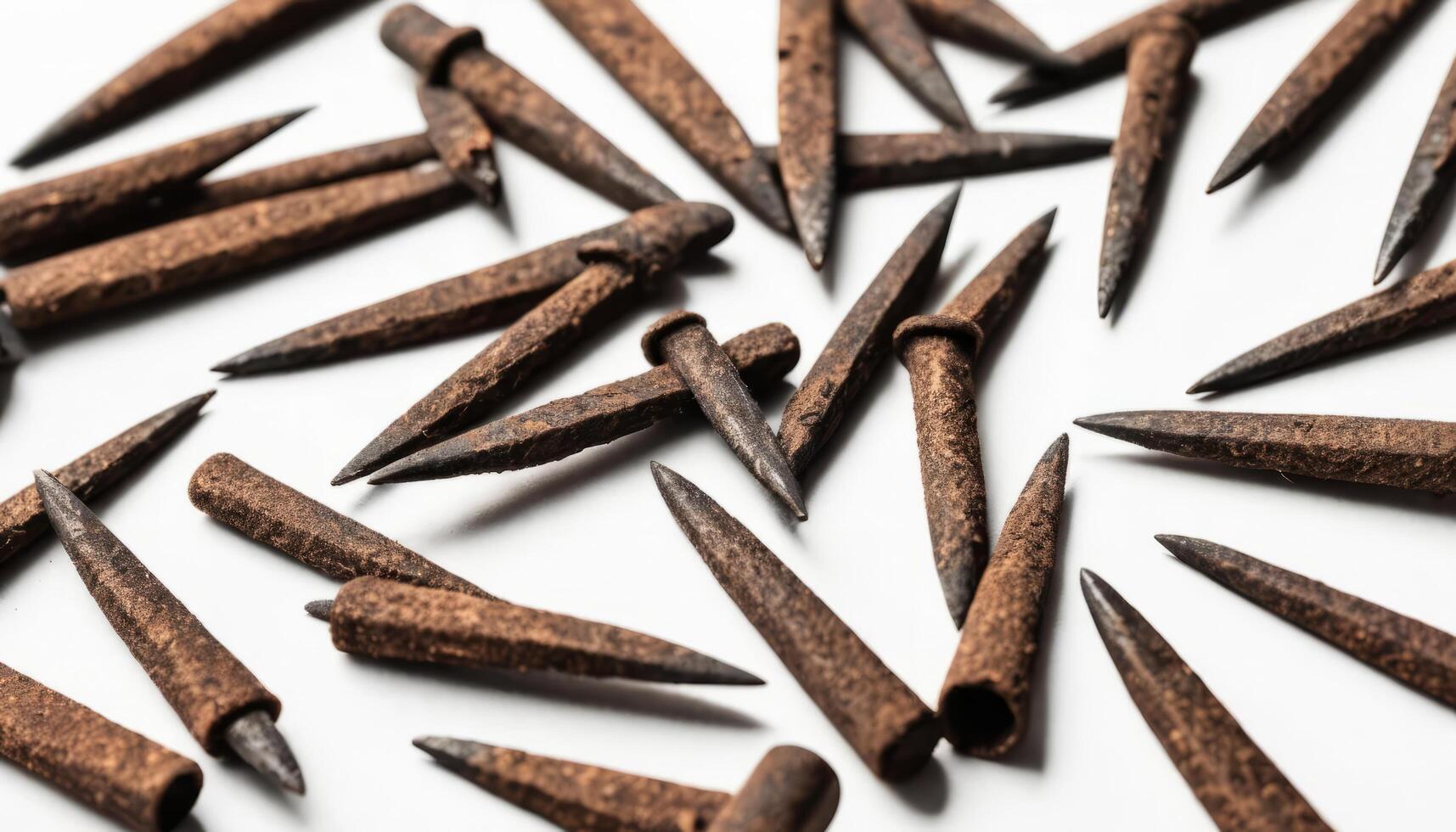 Collection of Rusty Metal Nails Spread on a White Surface with Textured Details photo