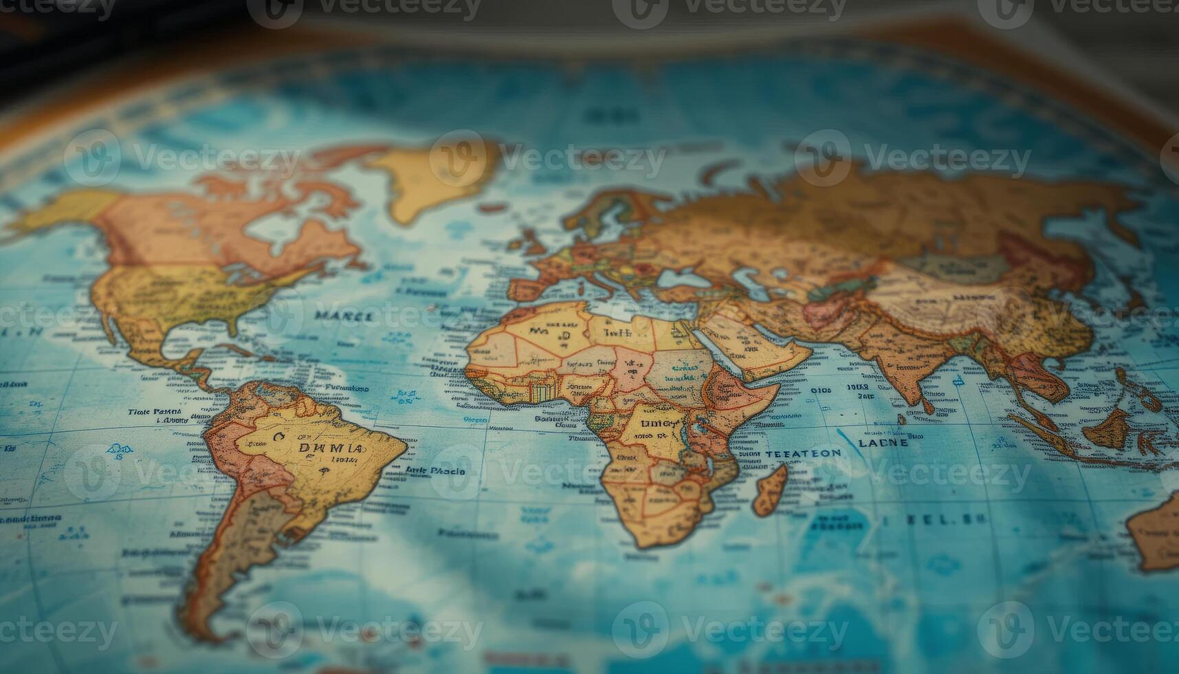 Detailed Vintage World Map with Textured Surface and Warm Lighting photo