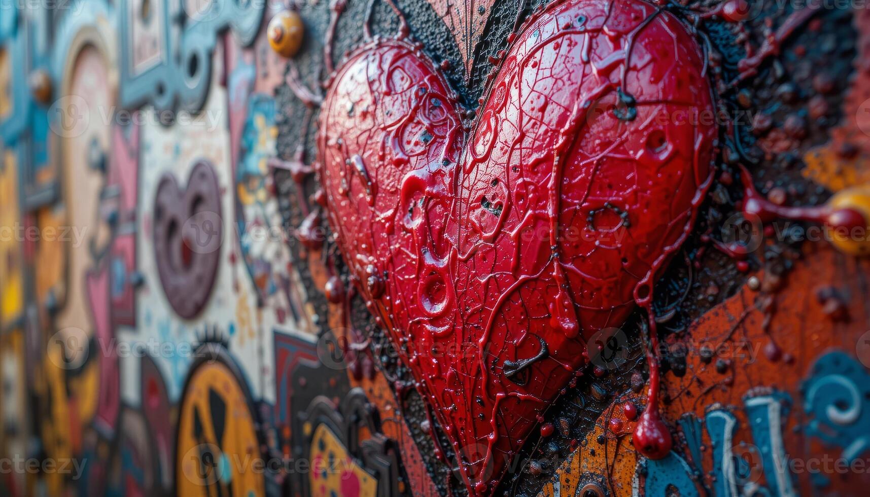 Red Heart with Dripping Paint on Colorful Textured Background photo