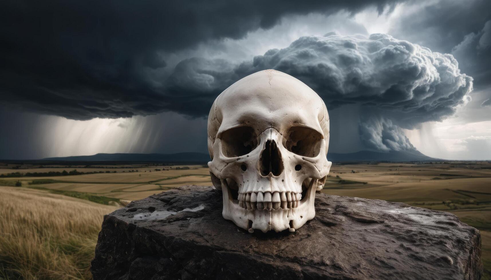 Skull Facing Stormy Landscape photo