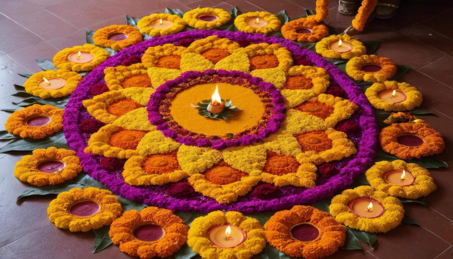 Colorful Floral Mandala Design With Candles photo