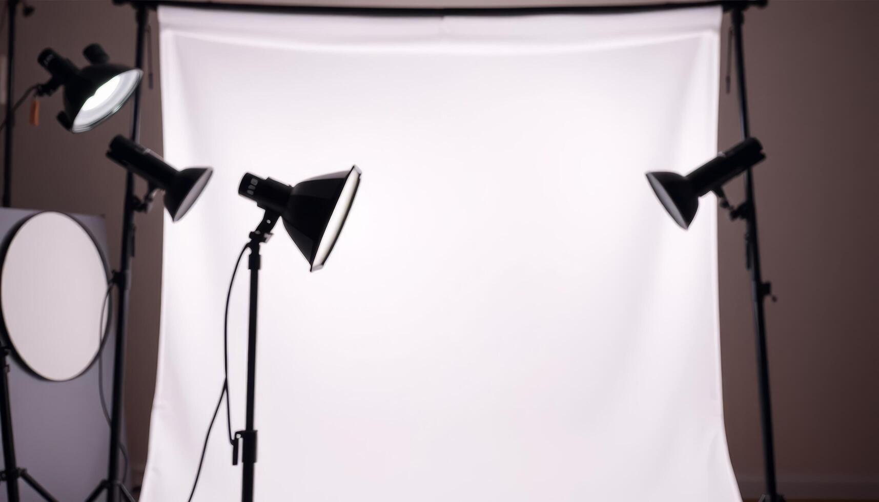 a photo studio with two lights and a white backdrop