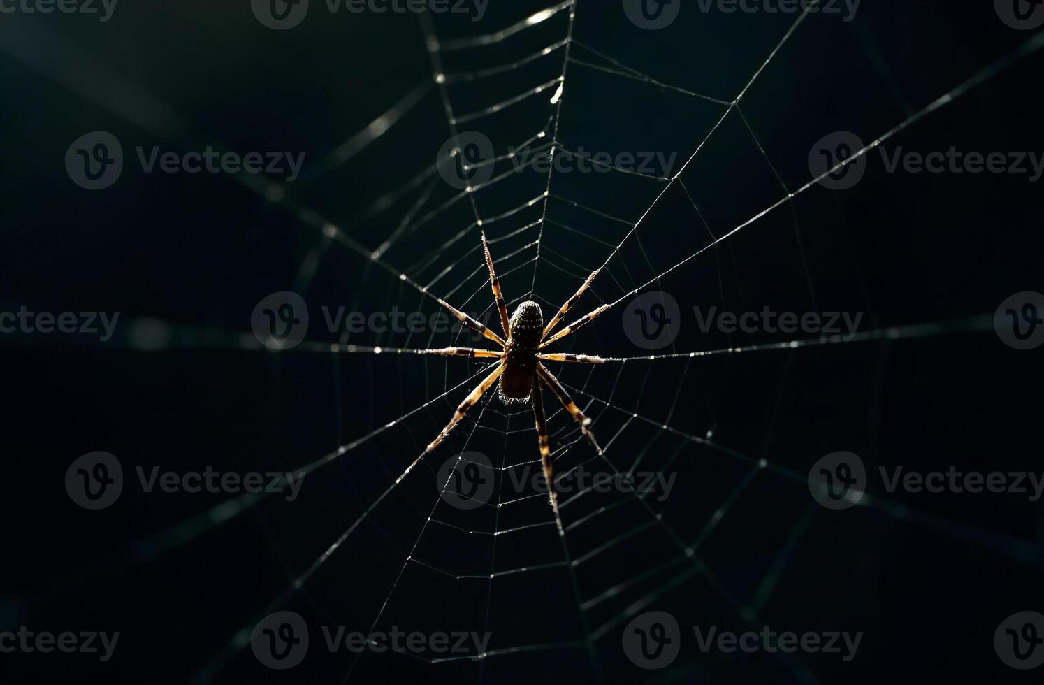 Predatory spider sits scary web and waits for victim black background photo