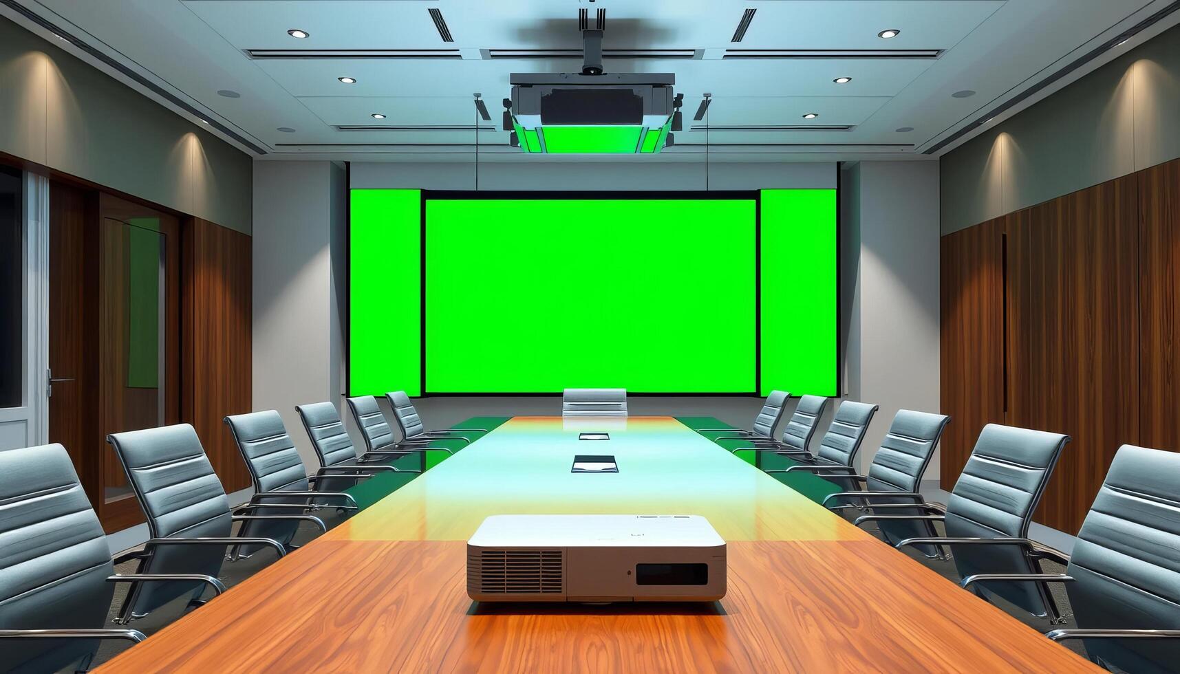 Empty Conference Room With Green Screen And Projector photo