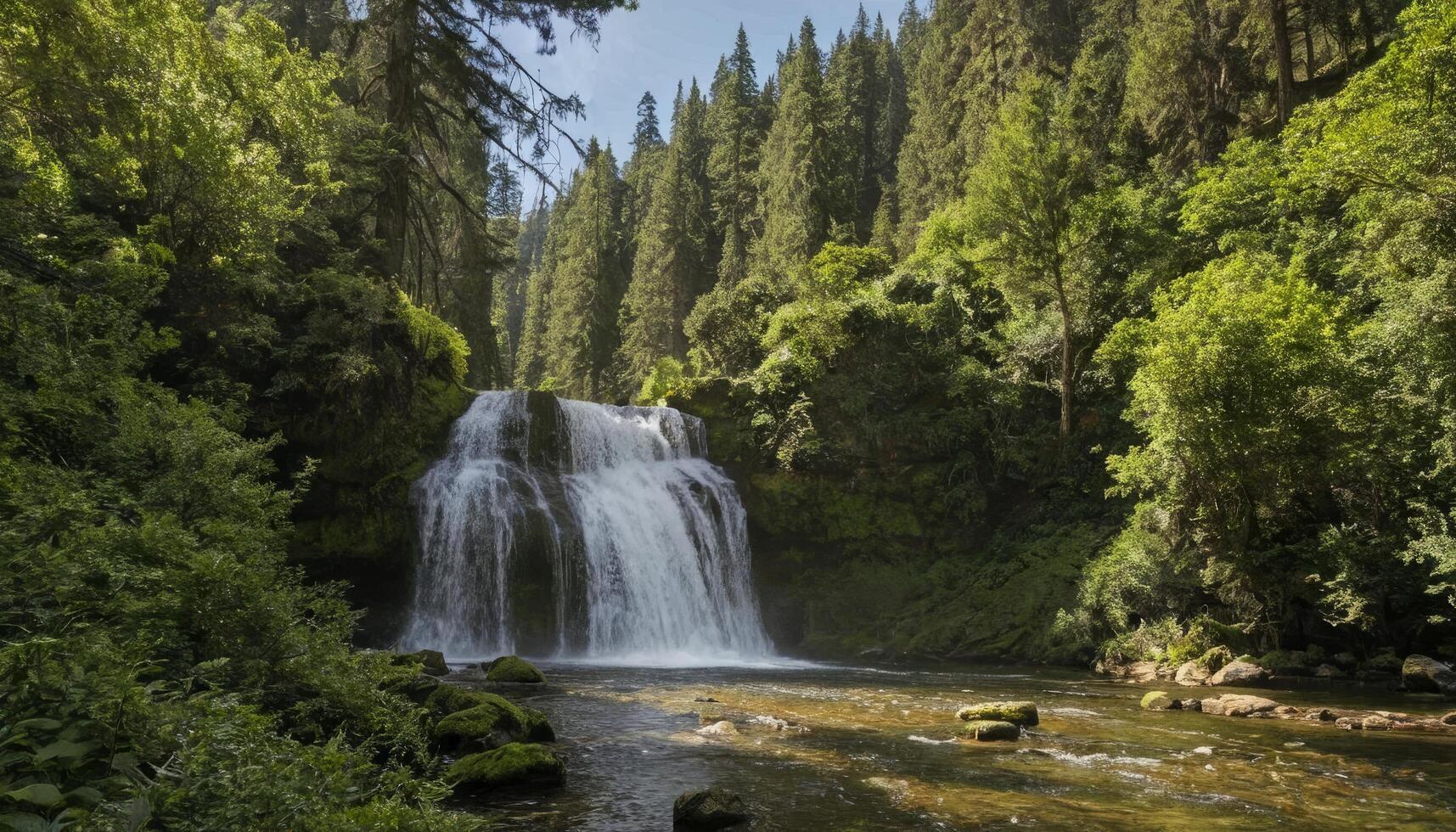 Lush Green Forest Waterfall Cascading into Calm Pool photo