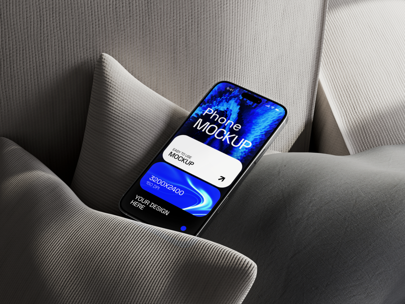 Realistic smartphone mockup placed on soft light gray cushion psd