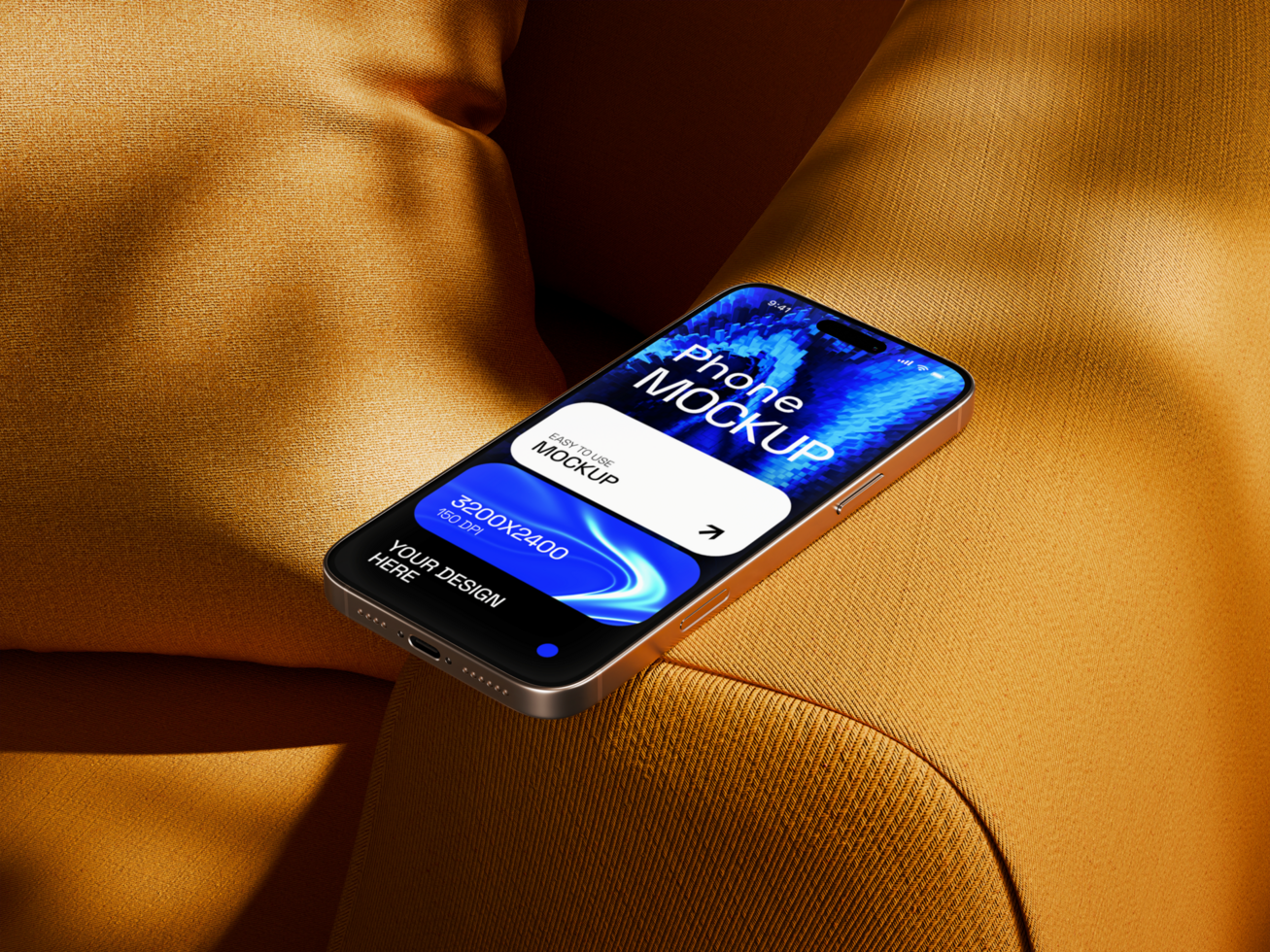 High quality smartphone mockup resting on a orange sofa psd