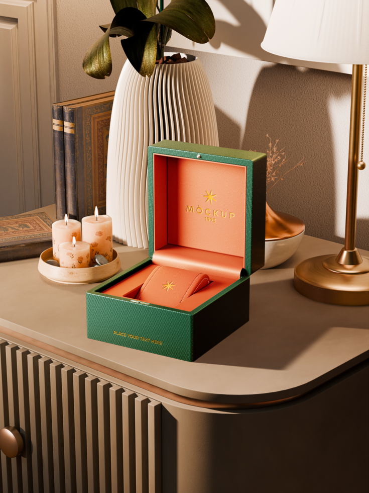 High quality luxury watch box mockup in an elegant setting with warm lighting psd