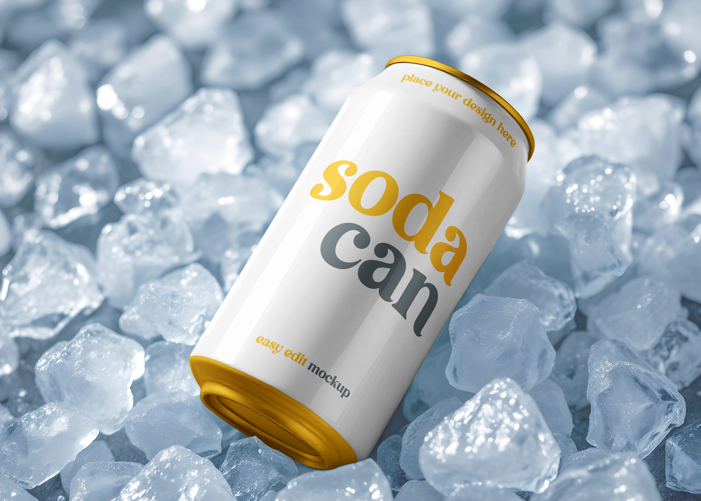 Ice Cubes and Soda Can Mockup psd