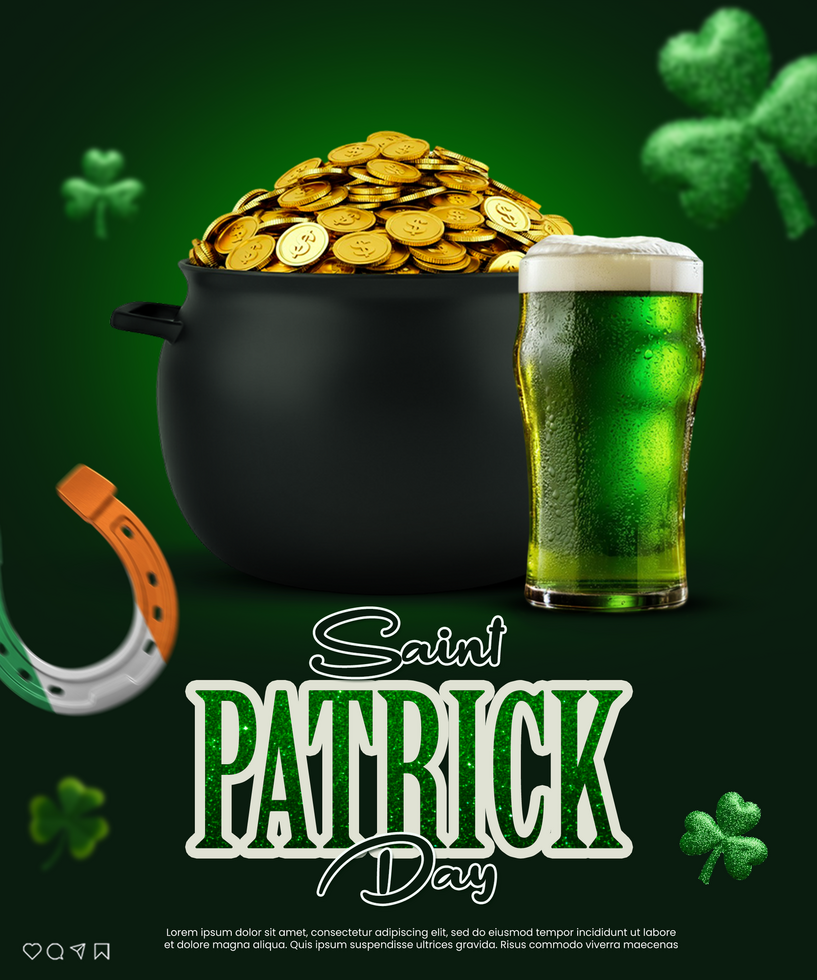 Saint Patrick Day Greeting Card design Cauldron with gold Coins Shamrock St Patrick Day poster psd