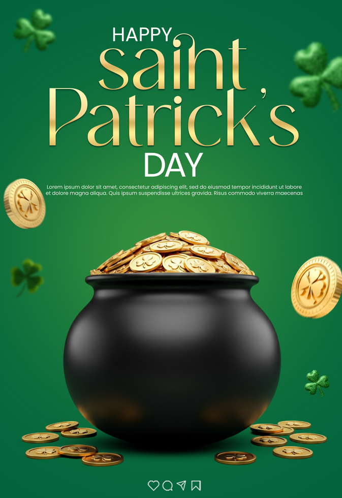Saint Patrick Day Greeting post with Cauldron full of Coins Shamrock St Patrick clover design psd