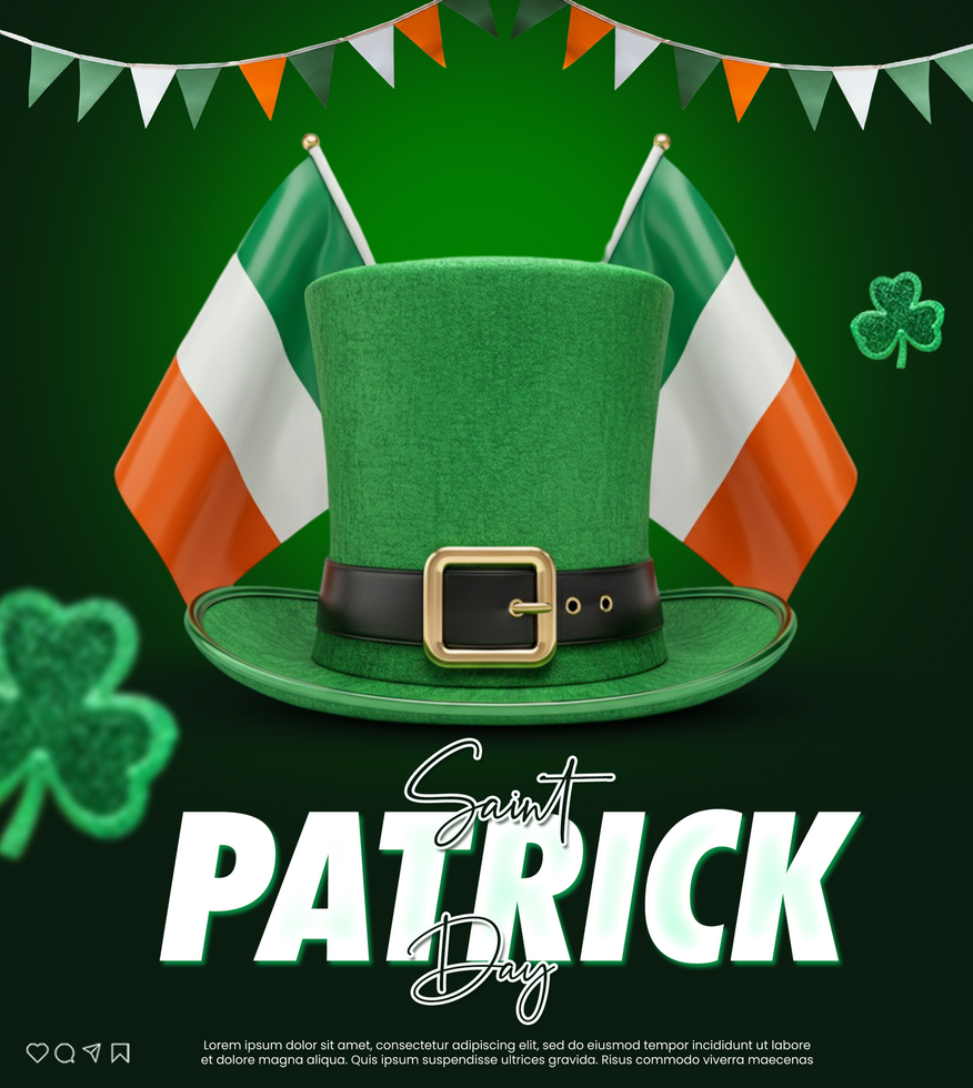 St Patrick Day celebration with Leprechaun hat clover design with flag St Patrick Day poster psd