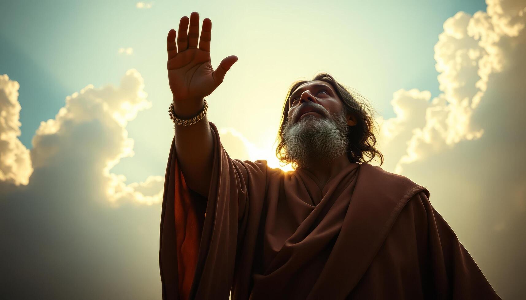 Bearded Man in Brown Robe Reaching Towards Sunlit Sky photo
