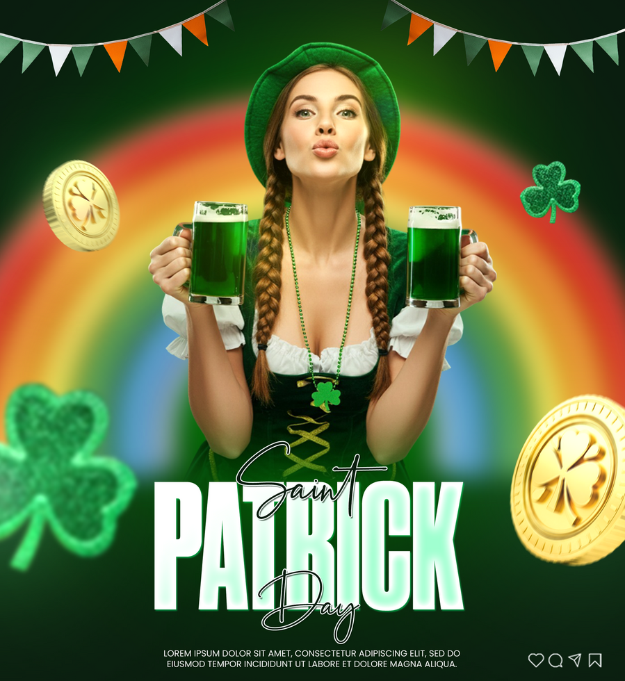 ST Patrick Celebration poster design with Irish girl clover leaf shamrock and coins background psd