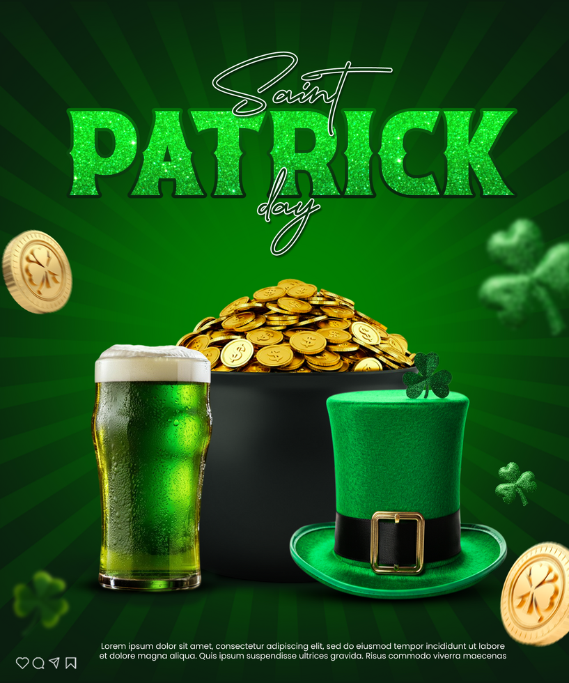 Happy saint Patrick day celebration poster with Leprechaun hat and clover design ST Patrick card psd