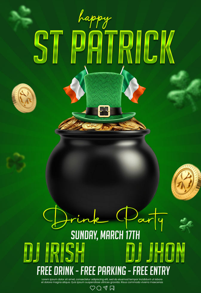 Happy Saint Patrick Day Greeting post with Cauldron full of Coins Shamrock St Patrick clover design psd