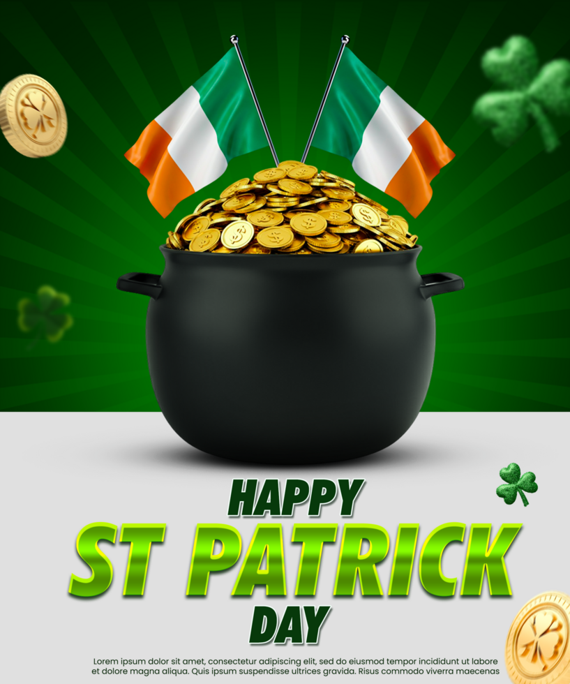 Saint Patrick Day Greeting Card with Green Hat and Cauldron Coins Shamrock St Patrick Day psd