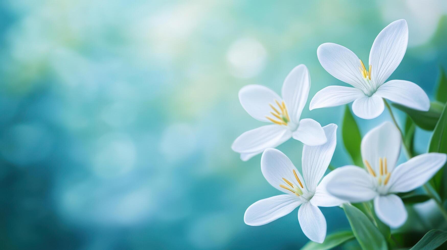 Beautiful white flowers with yellow centers against a blurred background photo