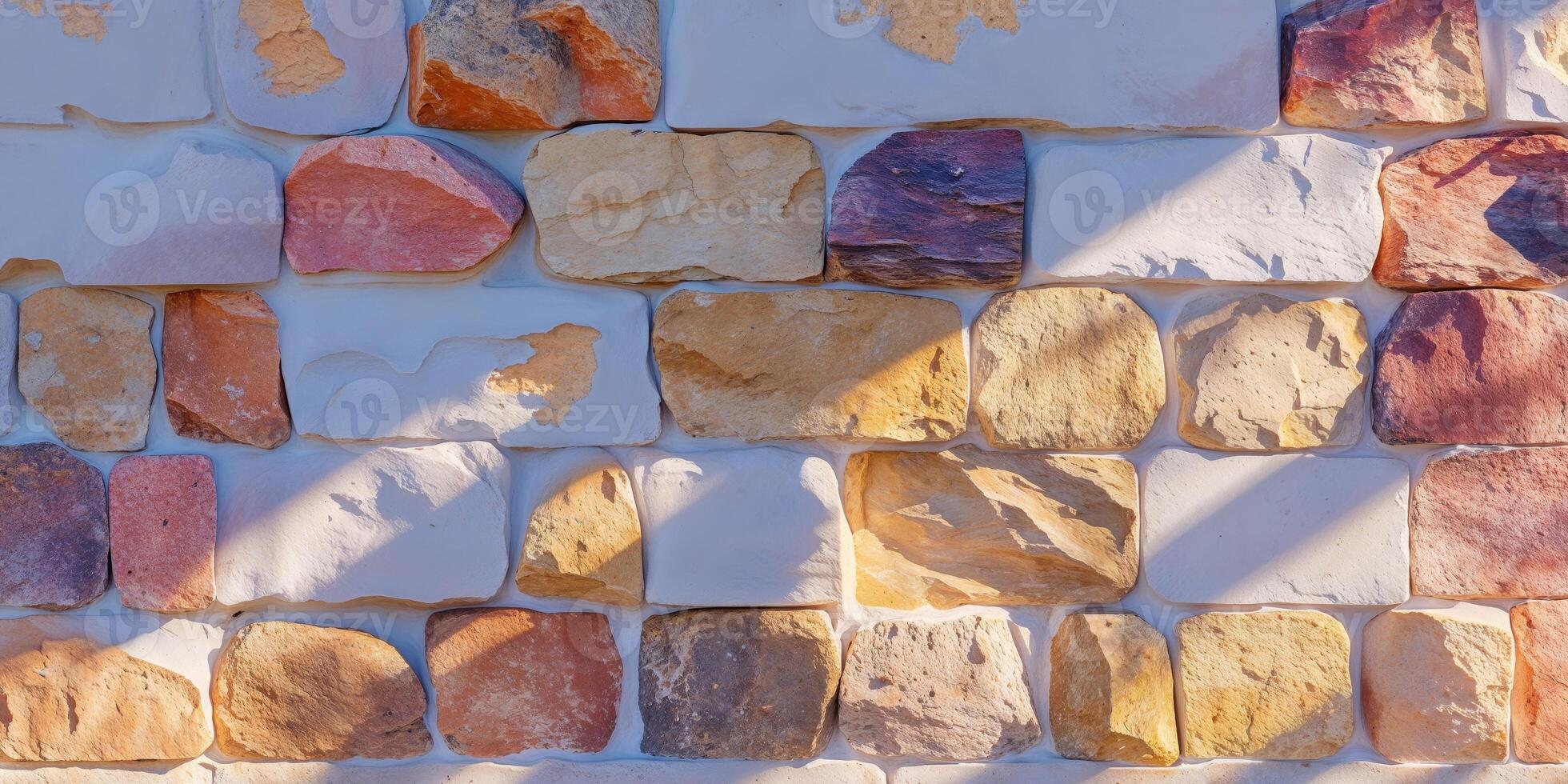 Colorful stone wall texture features various shaped stones and mortar. photo