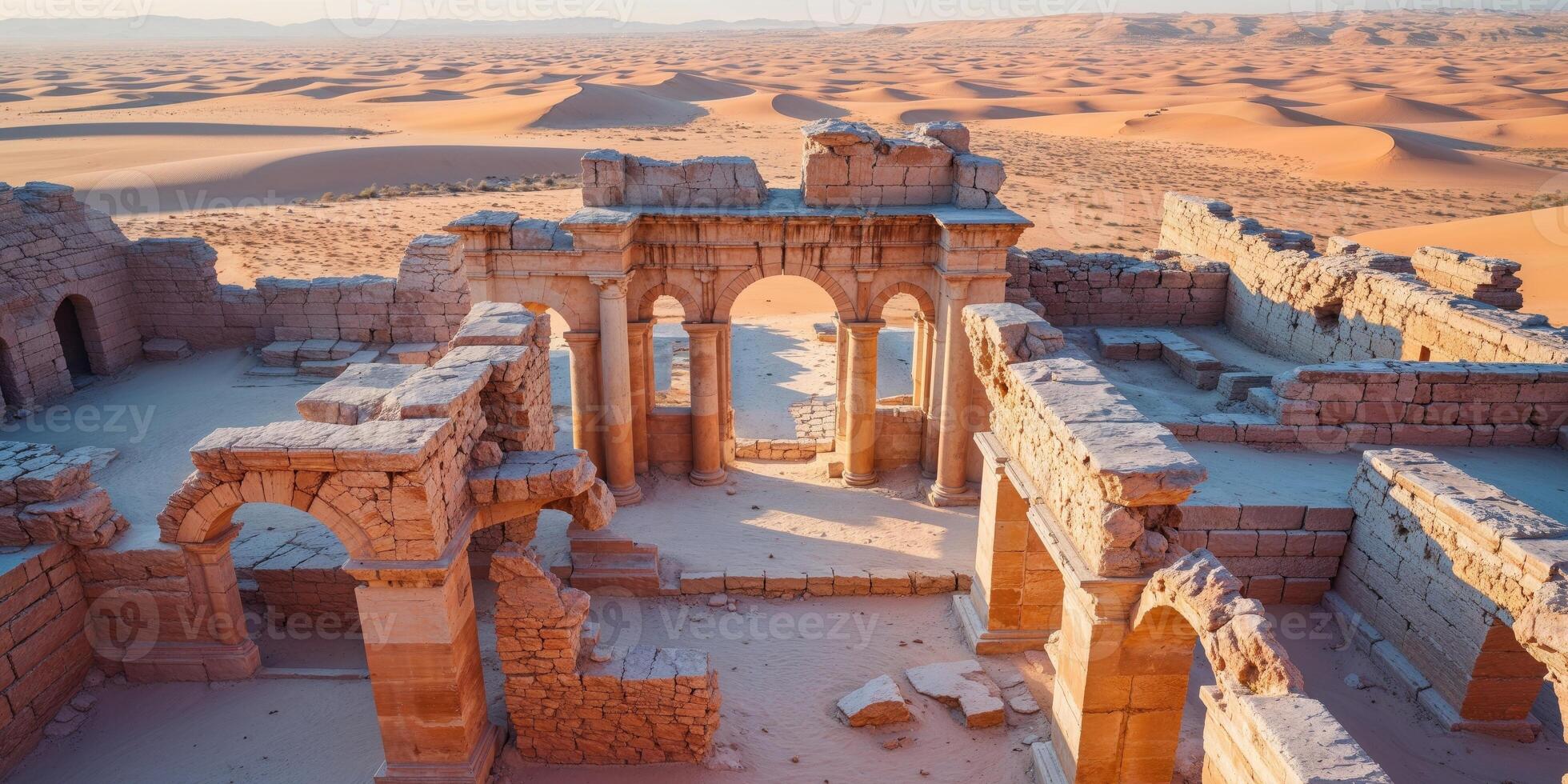 Ruins of an ancient structure in the desert landscape. photo