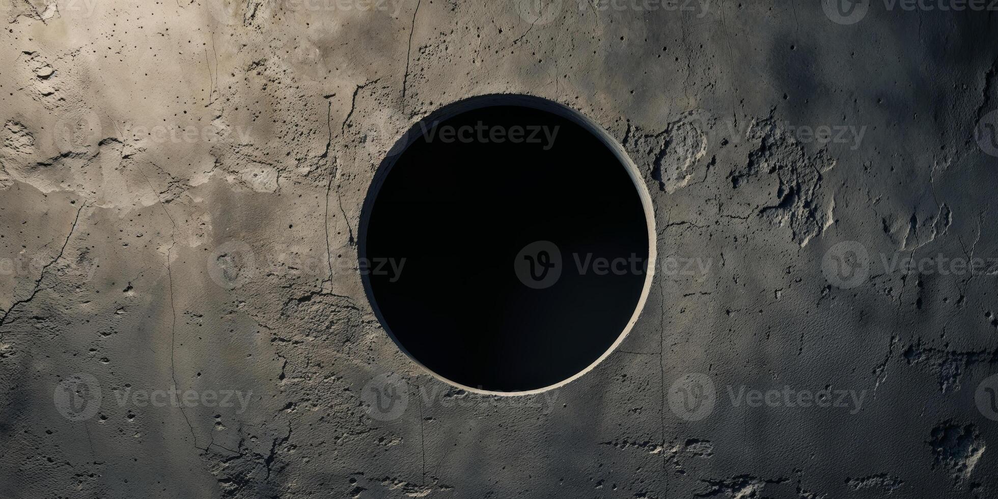 Hole in textured surface revealing dark background. photo