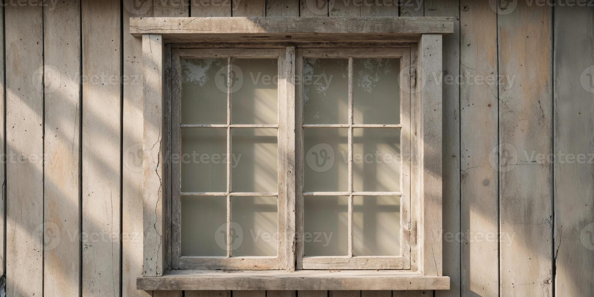 Wooden window with panes set into a wooden wall photo