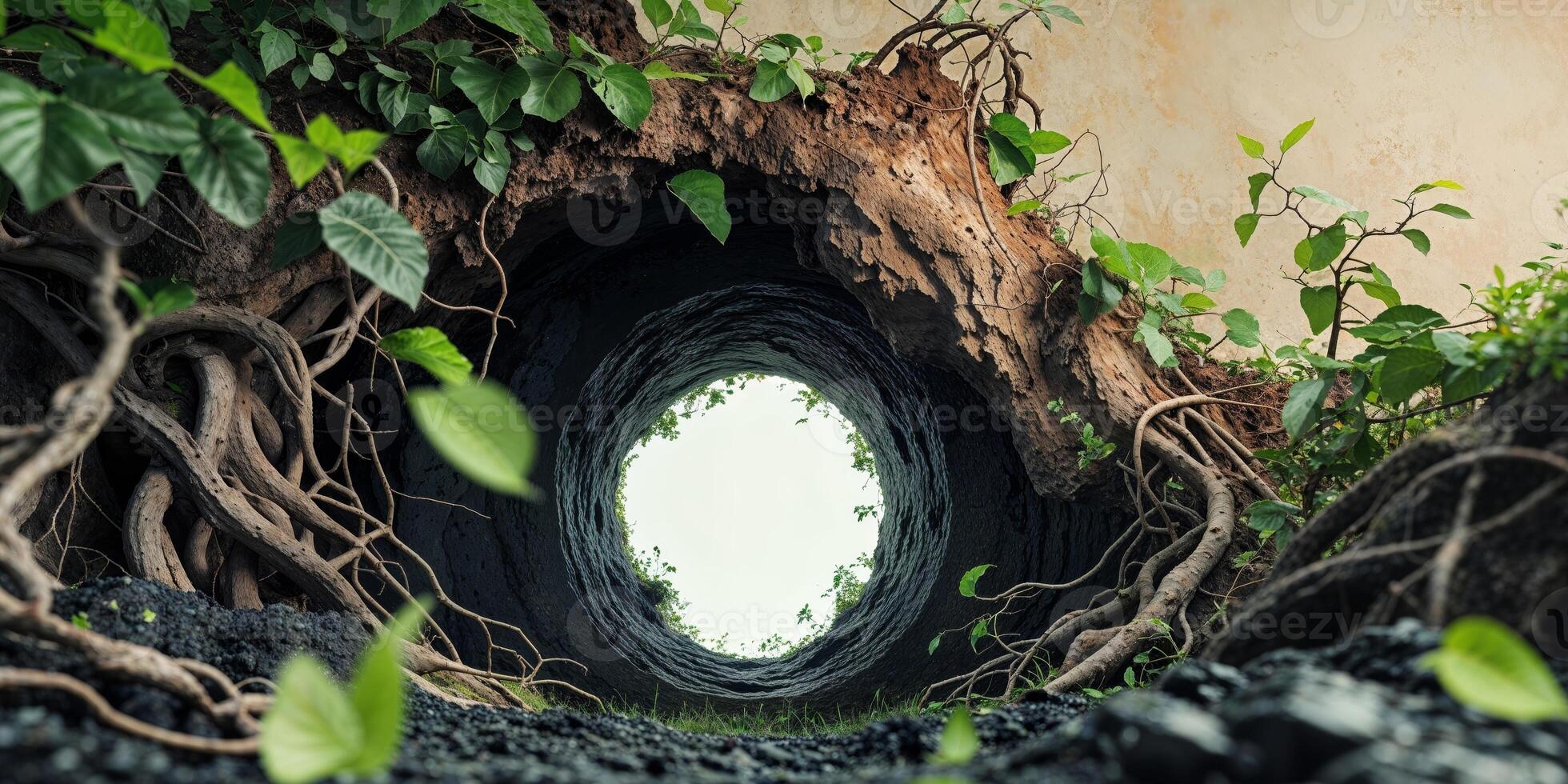 Deep dark mysterious hole in the ground surrounded by earth and natures elements photo