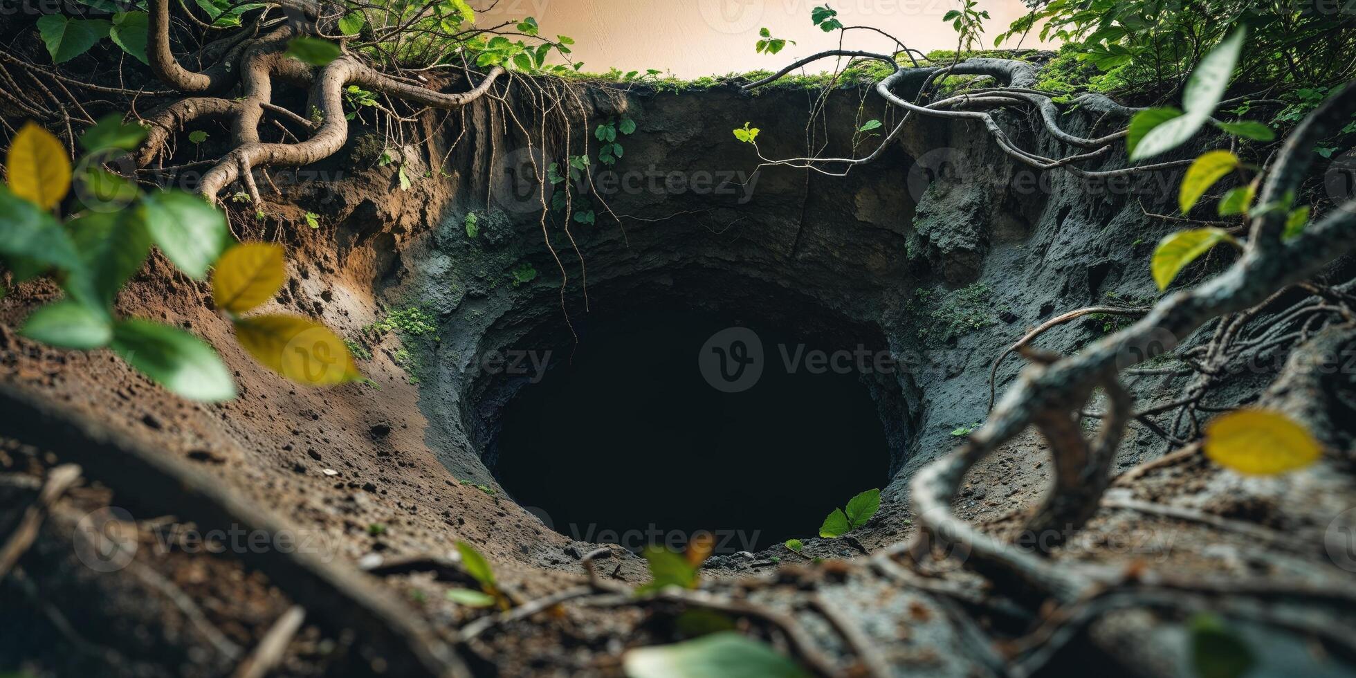 Deep dark mysterious hole in the ground surrounded by earth and natures elements. photo
