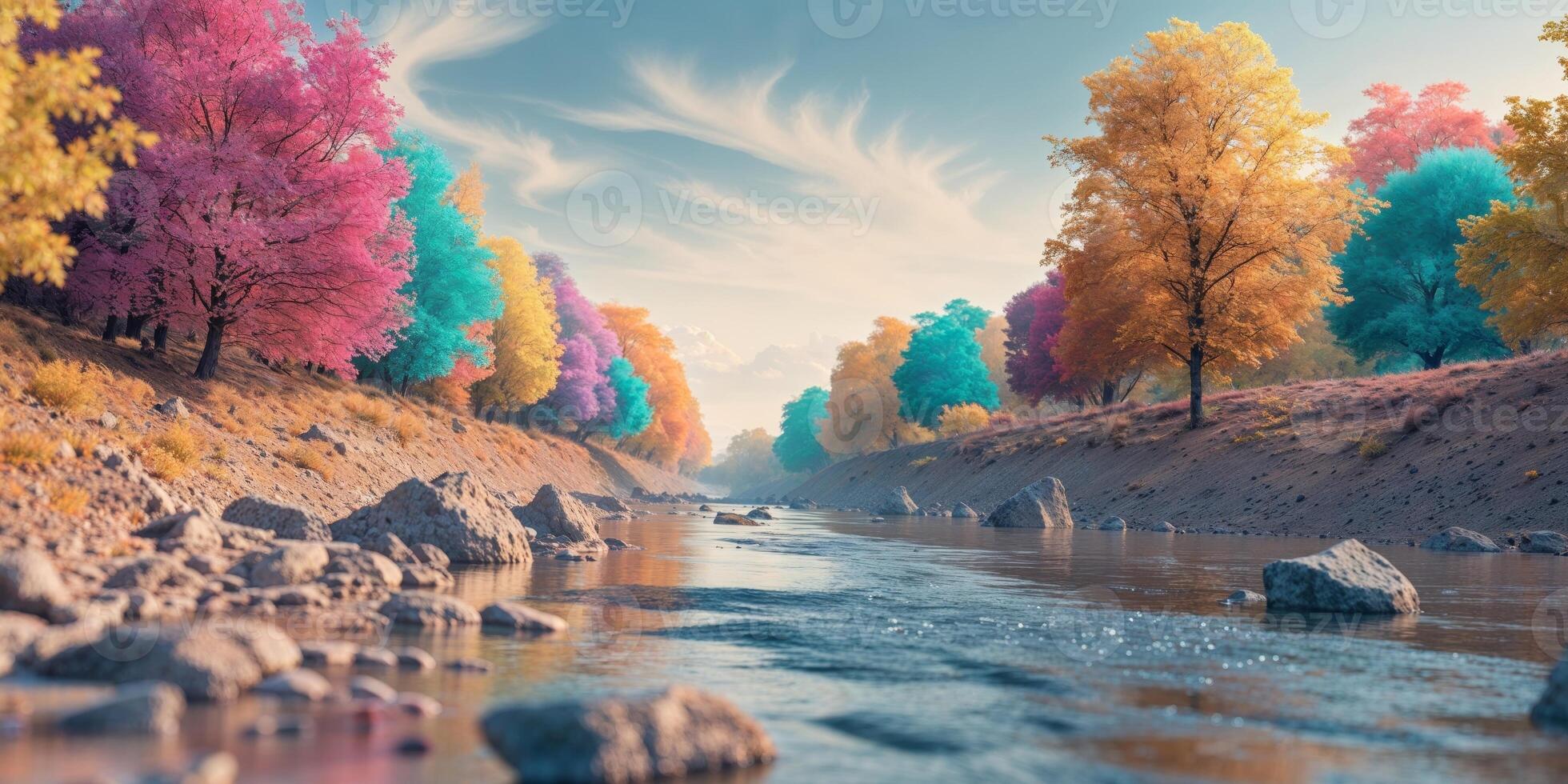Flowing river surrounded by colorful trees and rocks in a serene landscape. photo