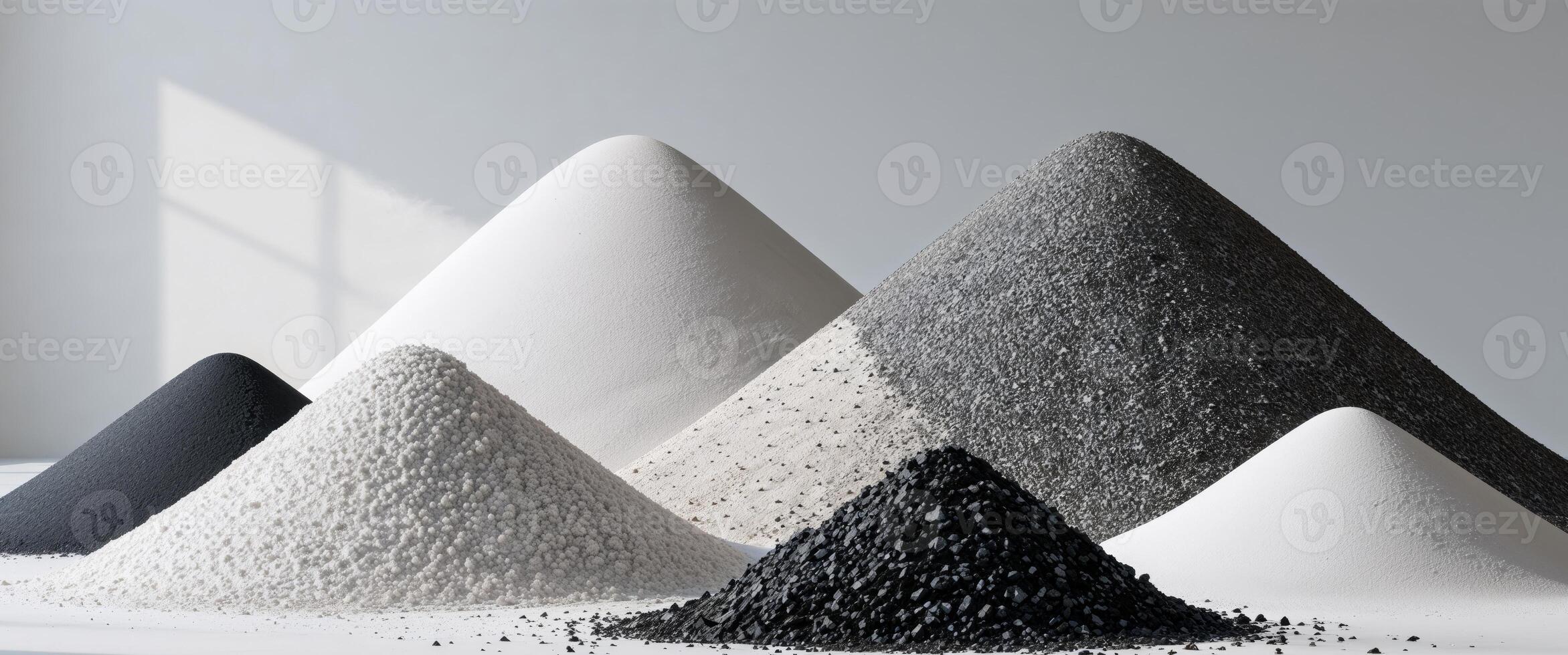Tall mounds of sand gravel and crushed stone in white gray and black. photo