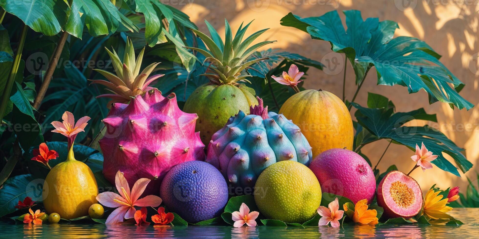 Healthy Summer Fruit Juice with Exotic Fruits in a Lush Tropical Setting photo