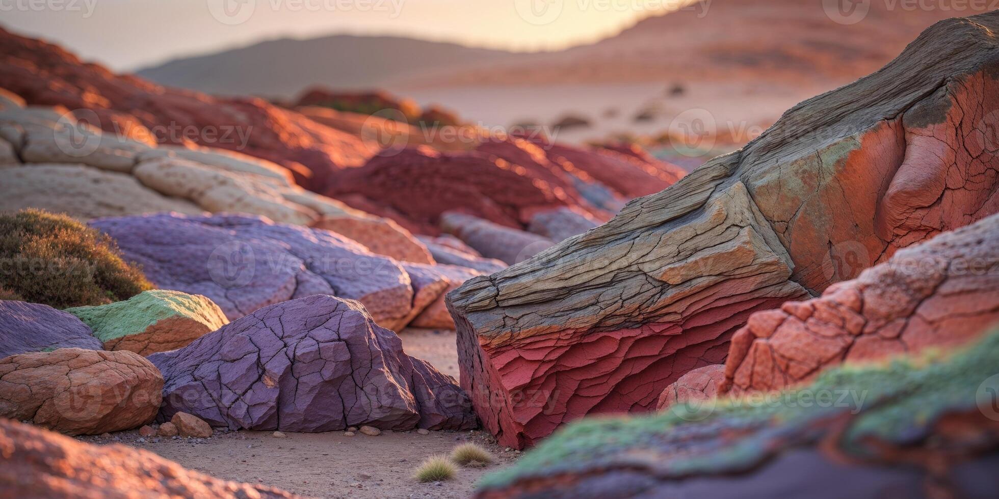 Colorful rock formations display a variety of textures and shades in a natural setting at sunset photo