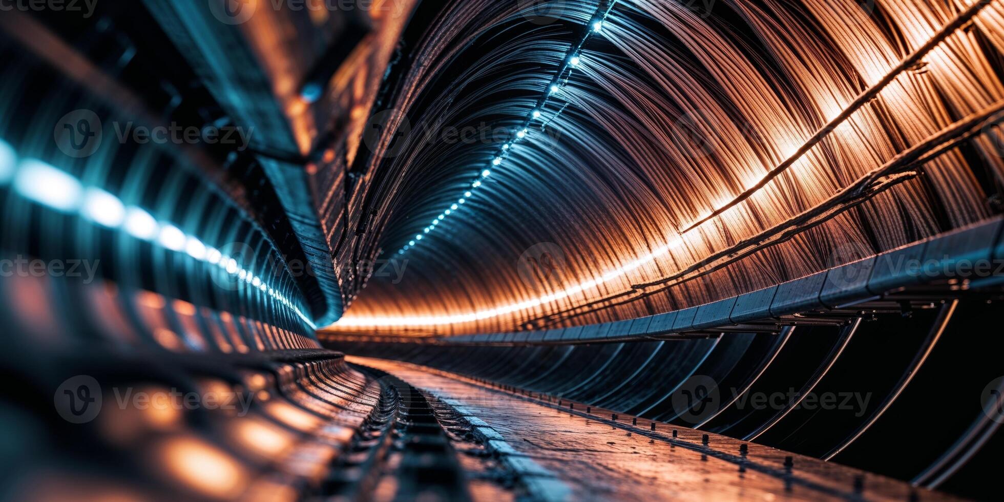 Expansive view of cables illuminated in a circular tunnel showcasing dramatic light contrasts photo