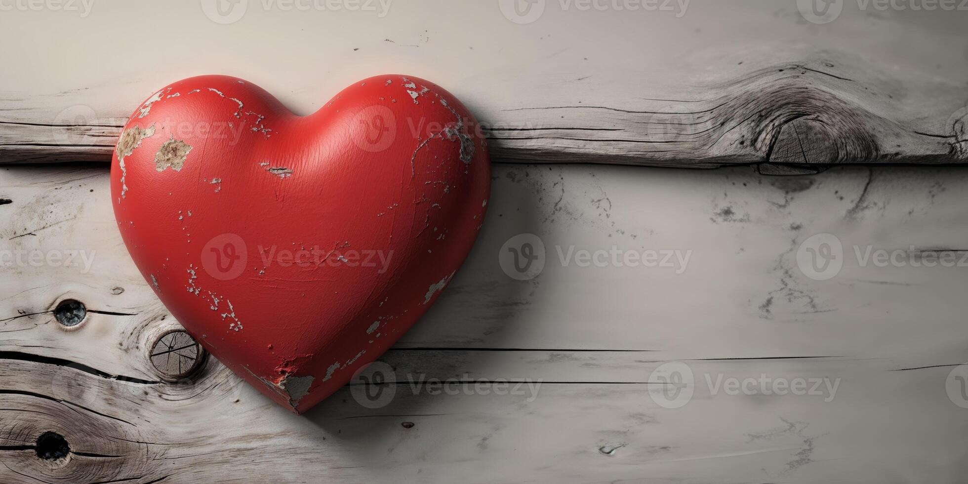 Red Heart on Rustic Wooden Surface Ideal for Valentine's Day Decor with Soft Shadows and Space for Custom Text or Messages. photo