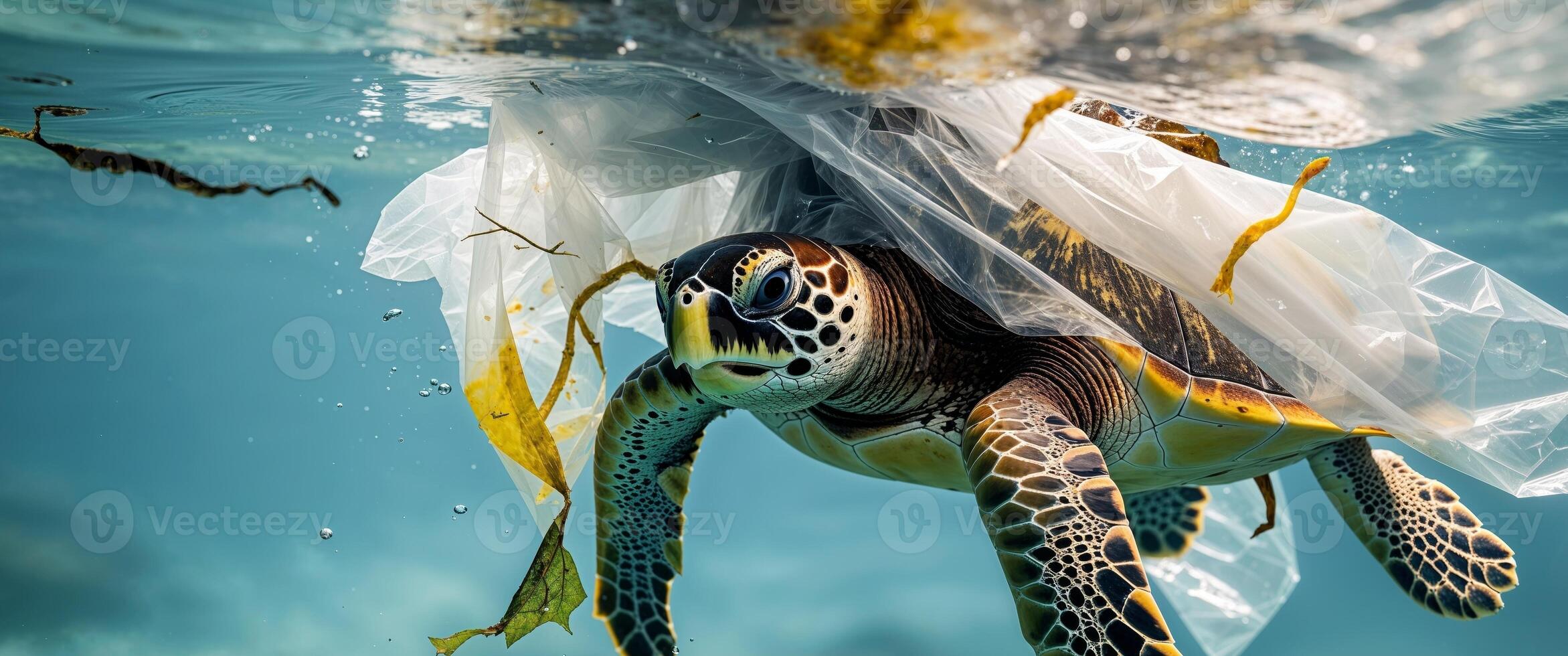 A turtle struggling with plastic wrapped around its body underwater. photo