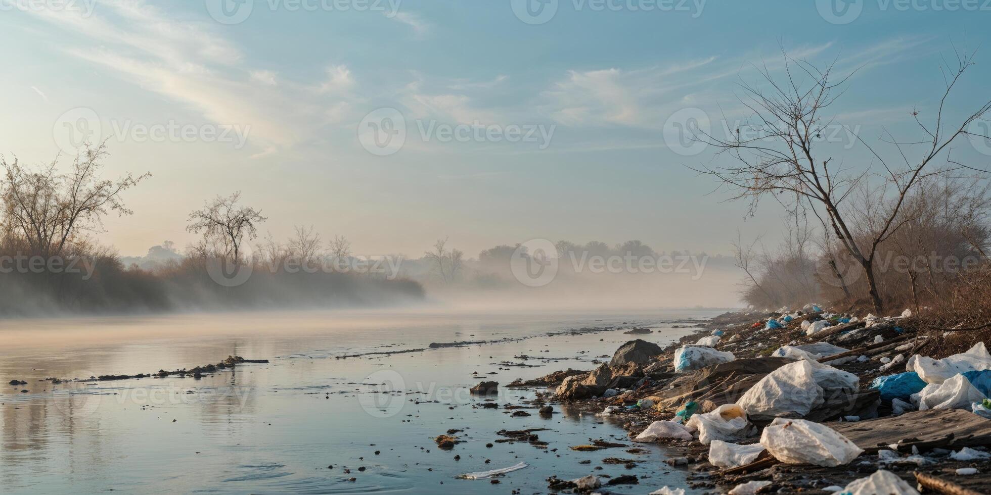 Impact of Pollution on River Ecosystems in Afternoon Light. photo