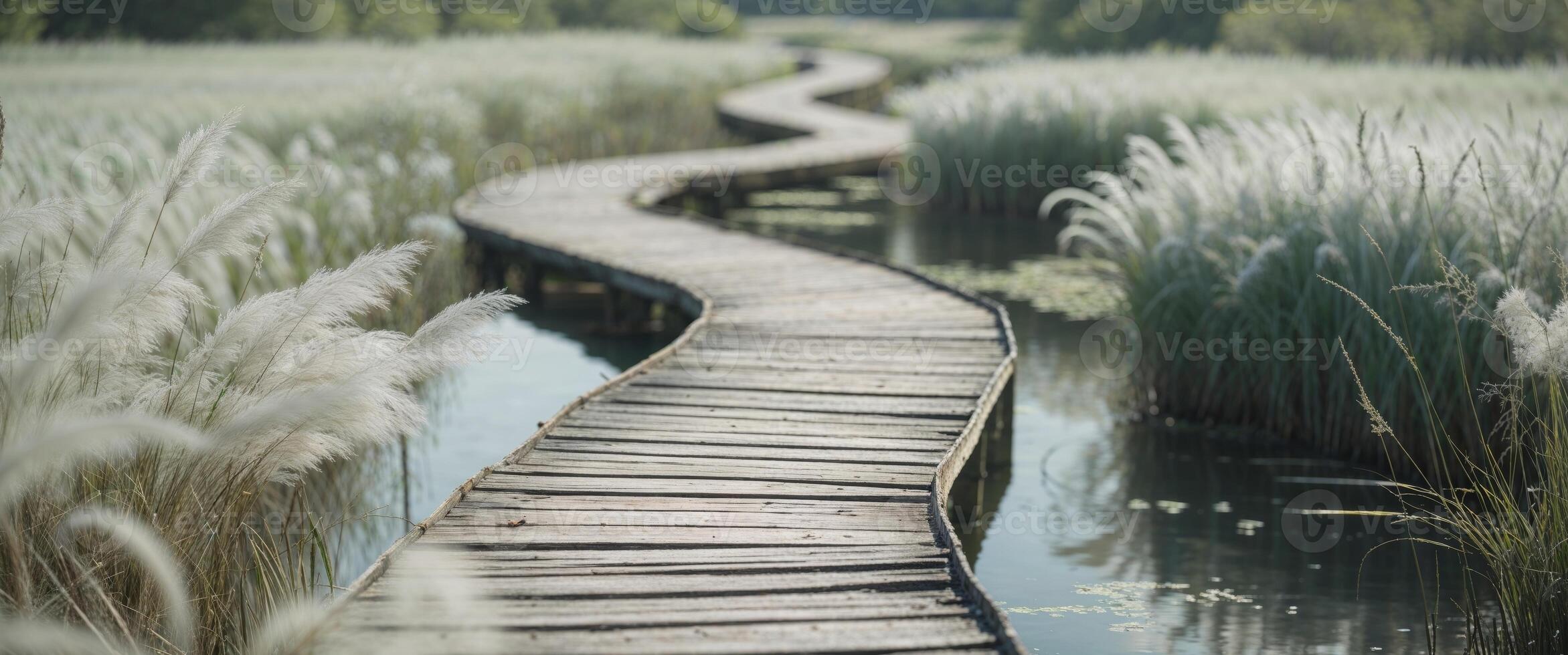 Winding boardwalk journey serene marshland travel destination natural setting tranquil view rustic experience. photo